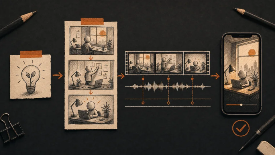 Hand-drawn Socheli workflow from idea and storyboard through a synchronized editing timeline to an approved vertical reel