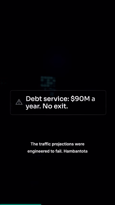 Storyboard frame: alert card — Debt service $90M a year.